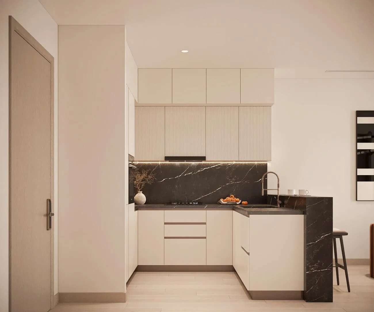 A narrow galley kitchen with black marble-effect splashback and white cabinetry