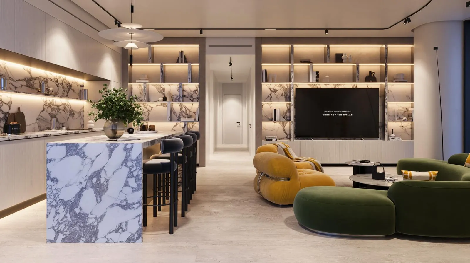 A marble kitchen island with bar stools in the foreground, the media wall and its backlit shelves across the room