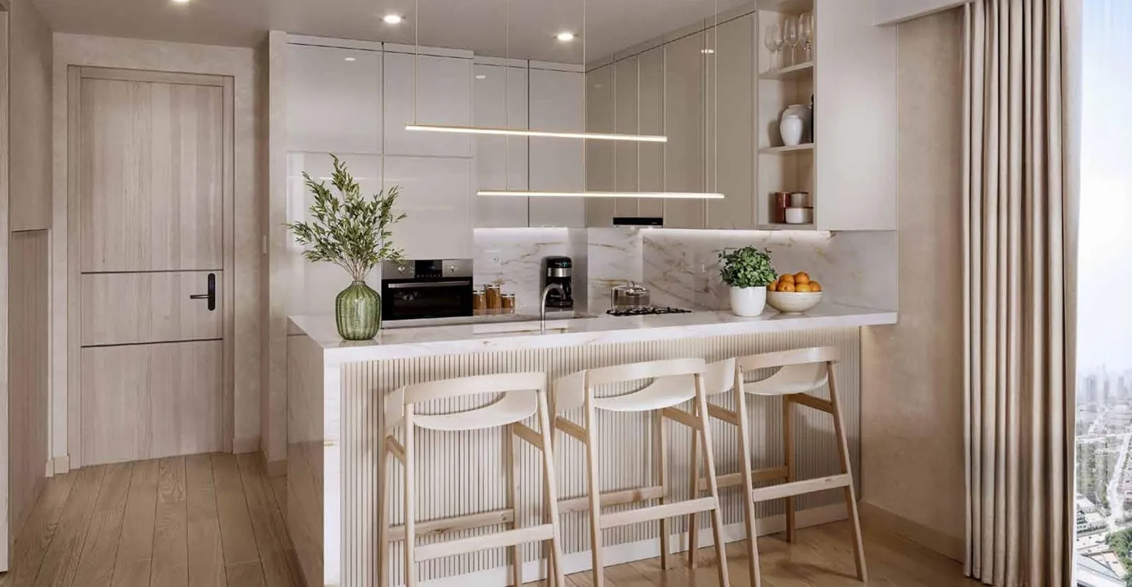 A pale kitchen with a breakfast island, three bar stools and open shelving above the counter