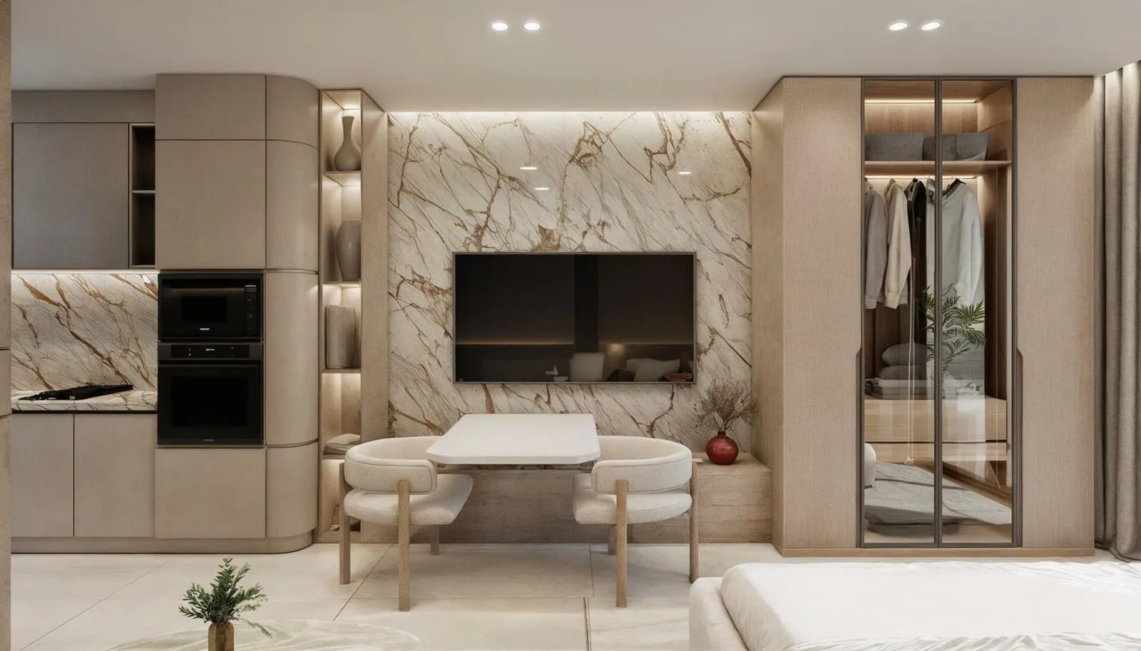 A kitchen and living area with a marble-clad television wall and an open wardrobe beyond