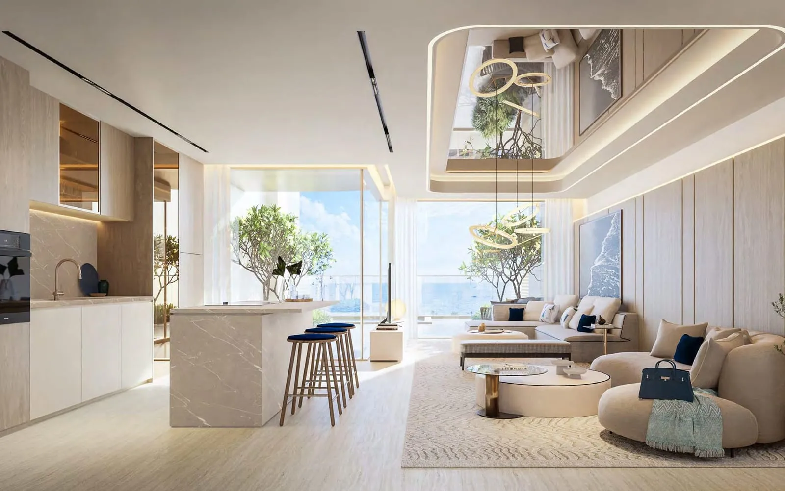 An Italian kitchen opening onto the living room, the sea beyond the glazing