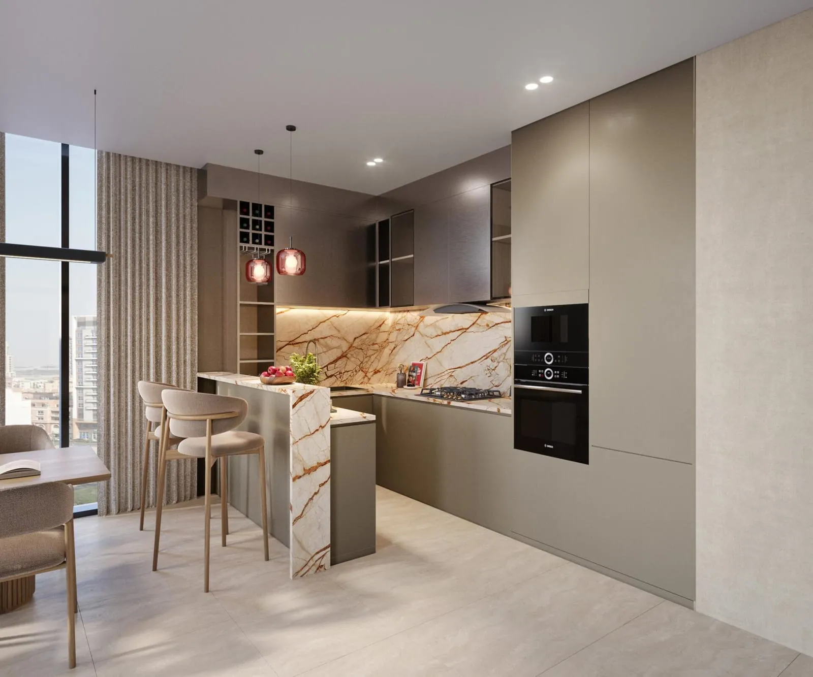 A kitchen with a marble backsplash and a dining table set against floor-to-ceiling windows