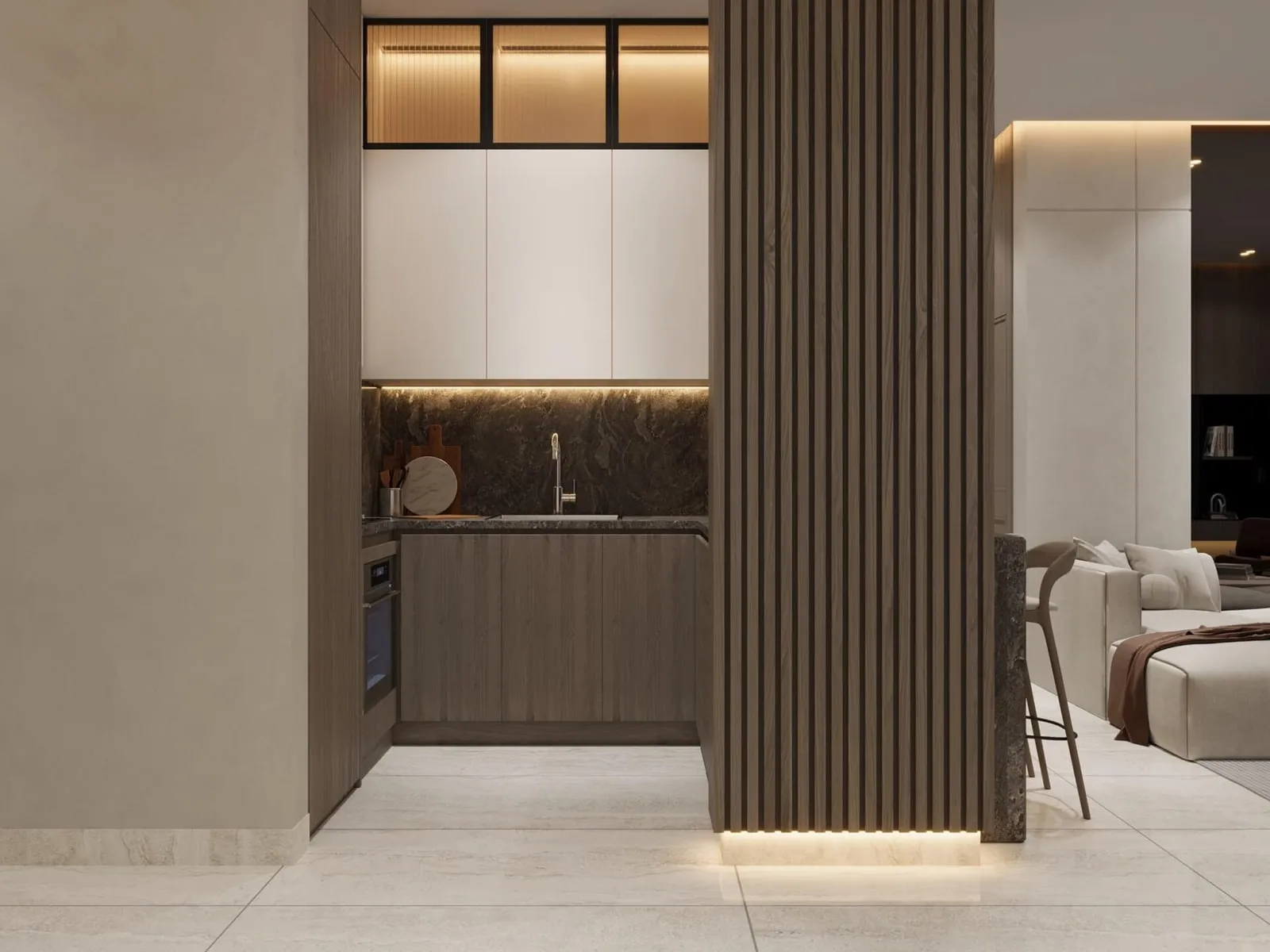 Kitchen corner with sleek cabinetry and a dedicated pantry nook