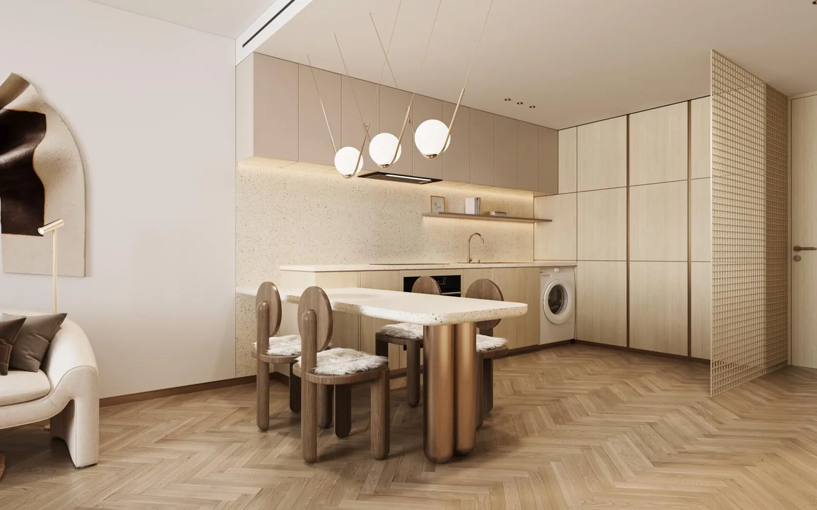 The kitchen corner, handleless cabinetry wrapping to a washing machine with a small dining table in front
