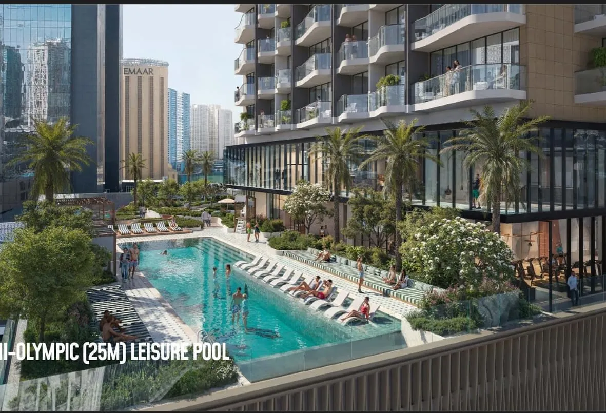 Render of the leisure pool with sun loungers, below the building's balconies