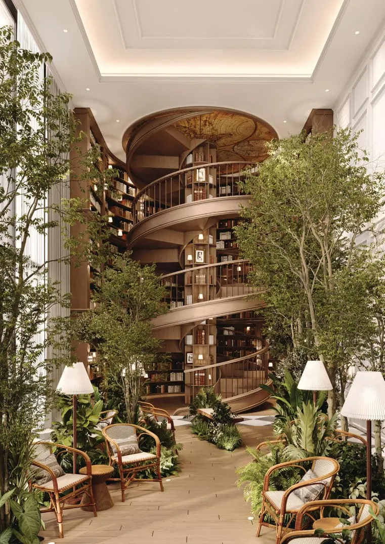 The reading room, a spiral timber stair rising through the shelves between planted trees