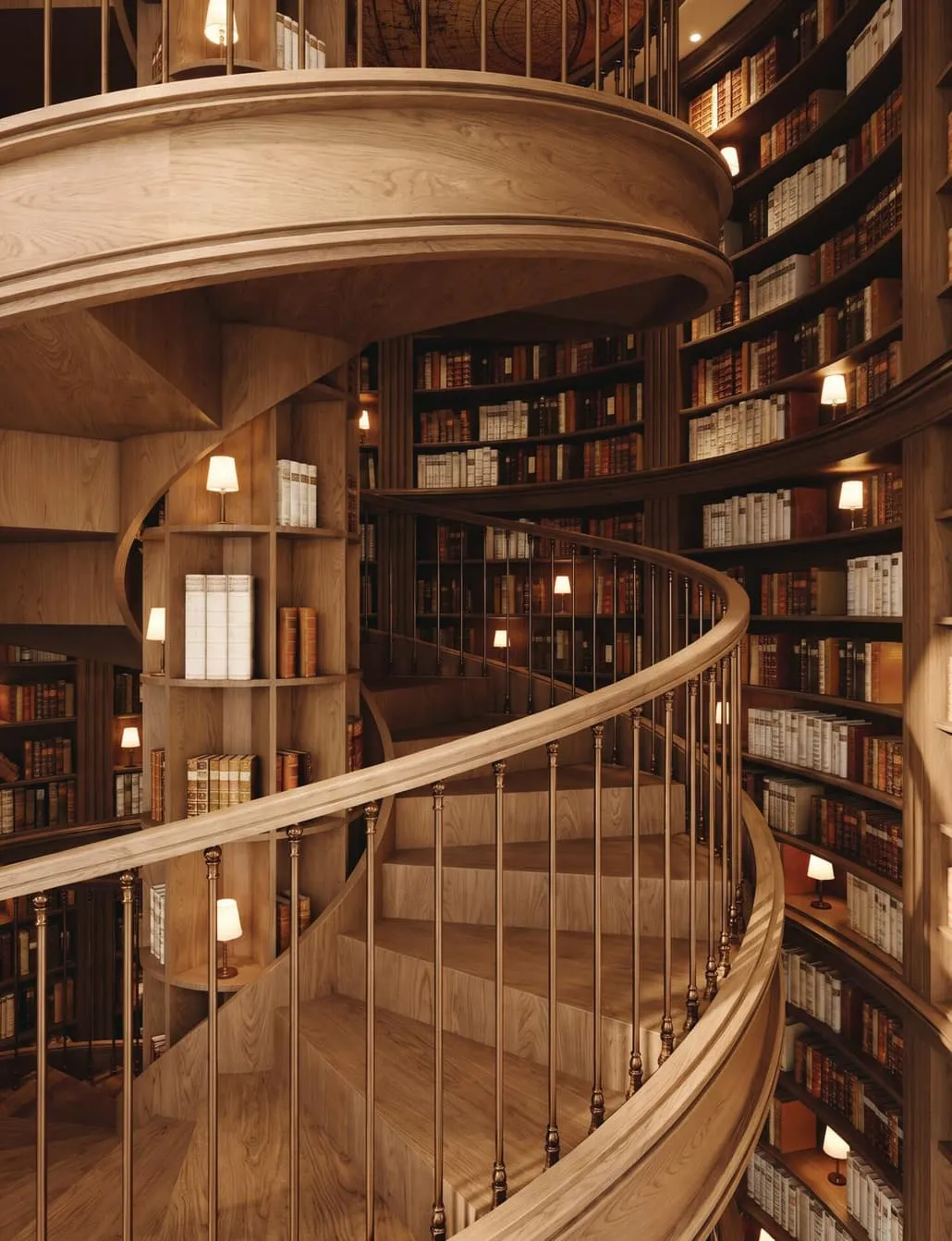 The spiral stair from above, shelved books curving around it and reading lamps on every level