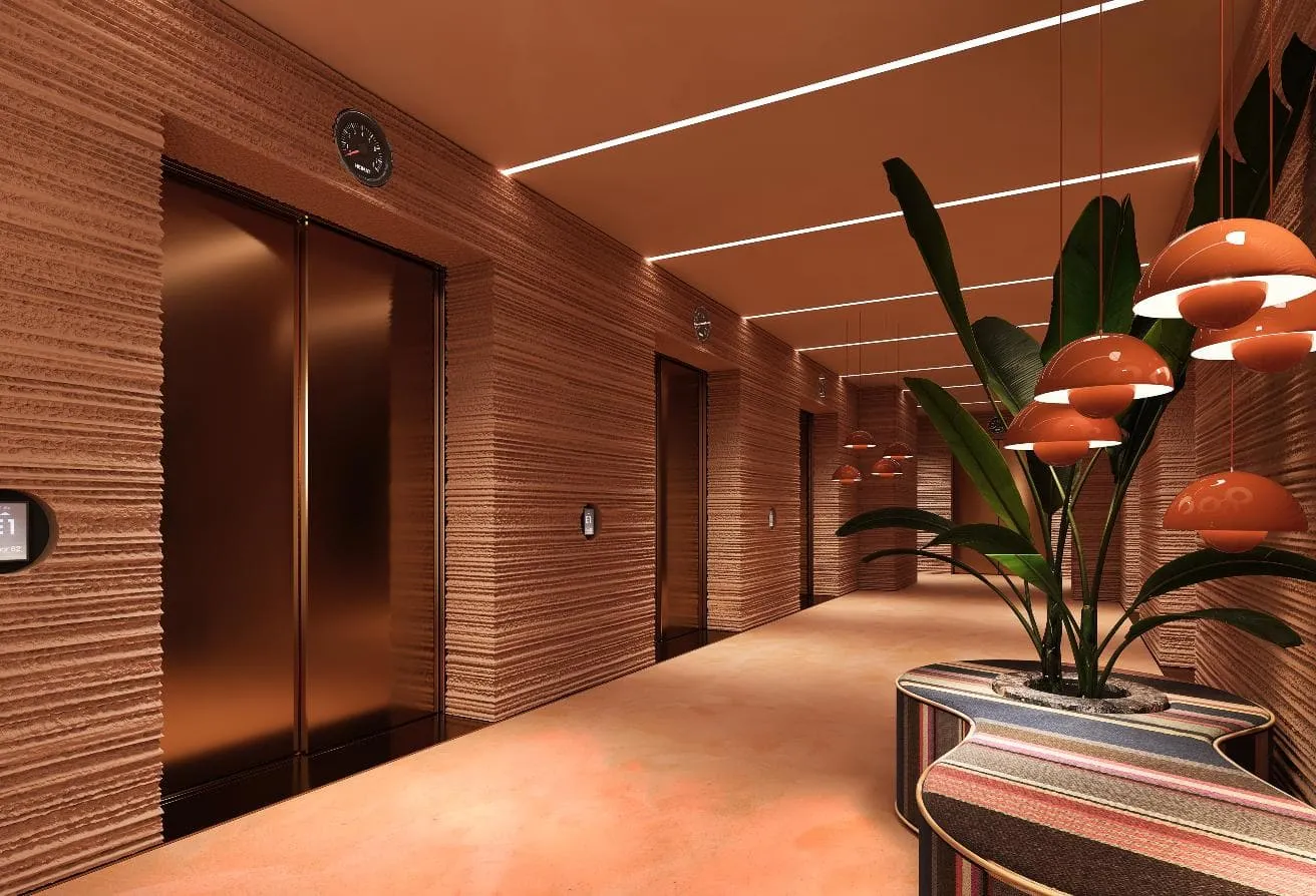 Render of a lift lobby with ribbed walls and orange pendant lamps