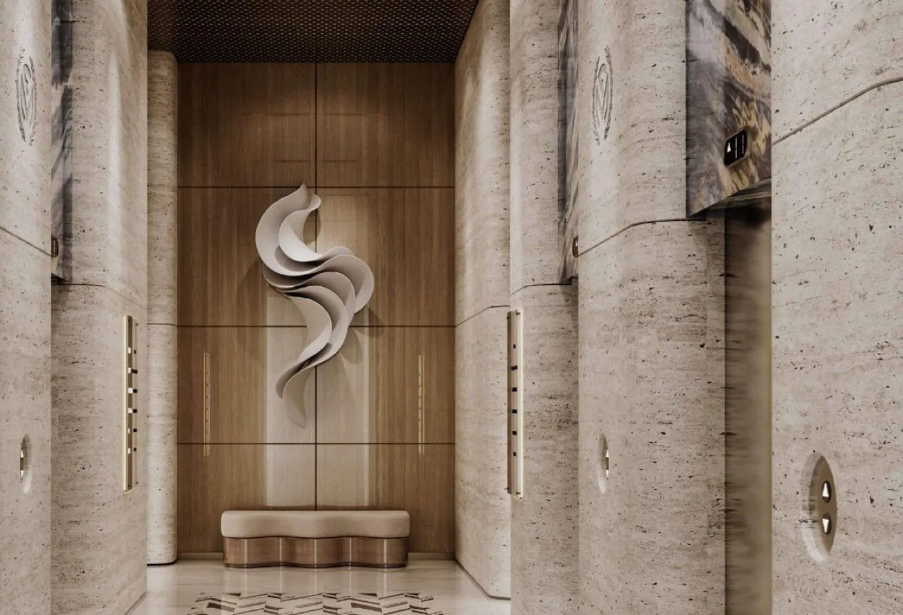 Render of the lift lobby, with a sculpted wall piece above a bench