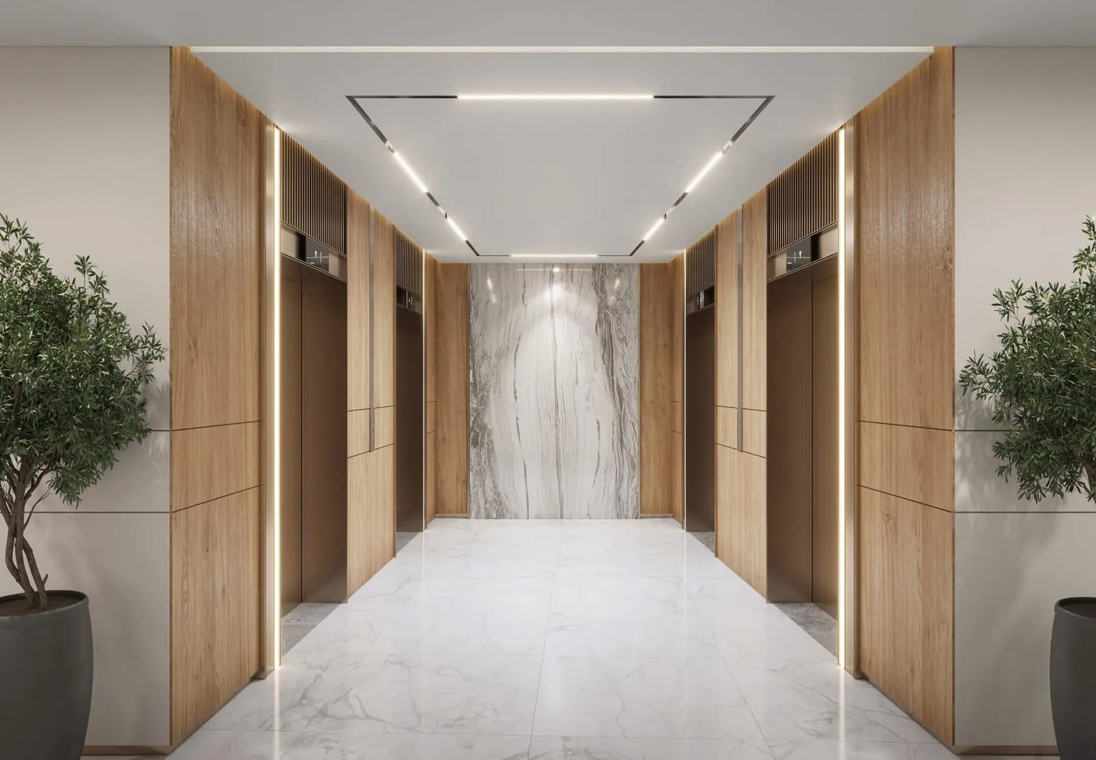 A residential lift lobby panelled in timber, its polished stone floor leading to the lift doors