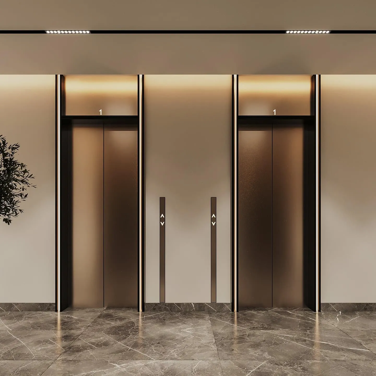 The lift lobby, four brushed metal doors in a stone-lined recess