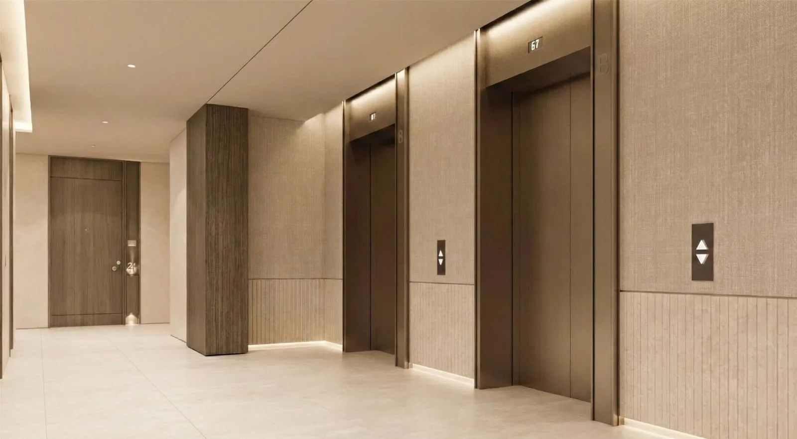 The lift lobby, timber-panelled doors and call panels along a pale stone floor