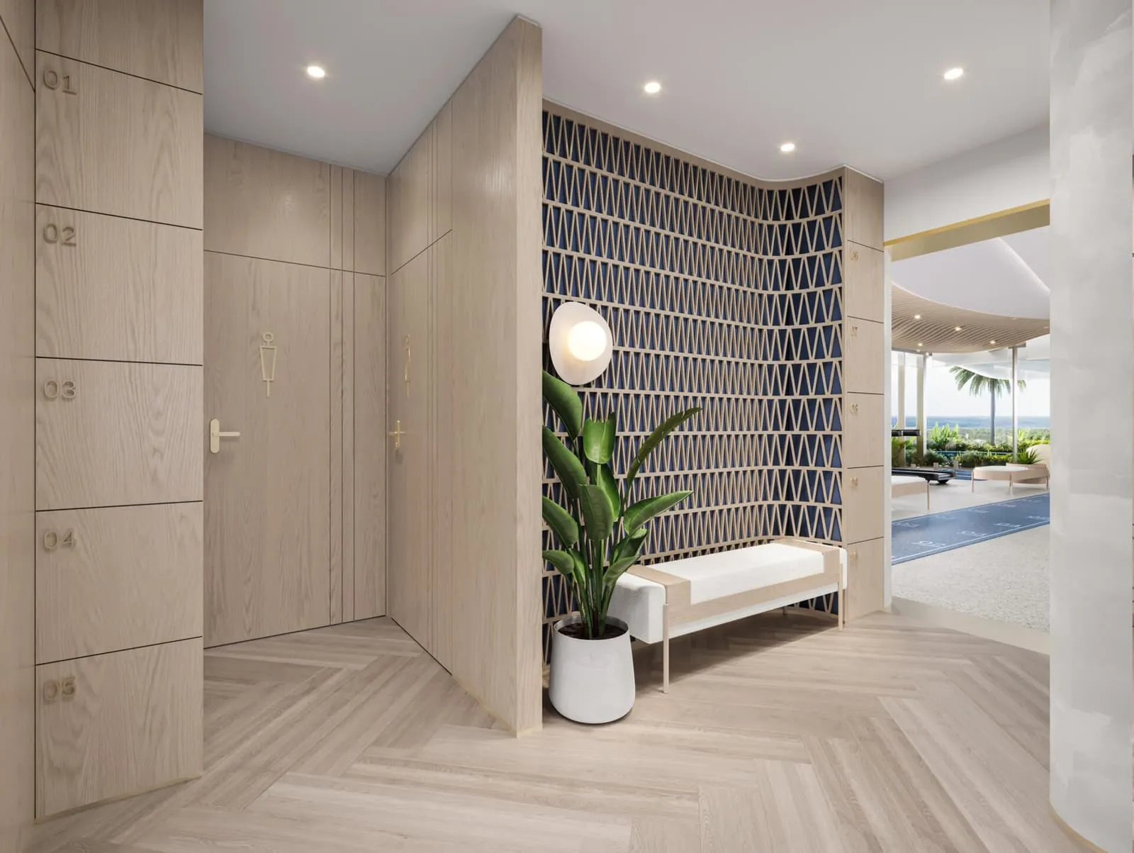 A vestibule with a bench and a single plant set against a patterned screen wall