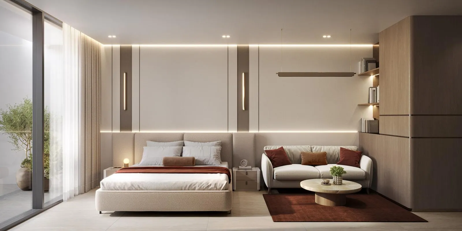 A combined bedroom and living space with a backlit timber headboard wall and a sofa nearby