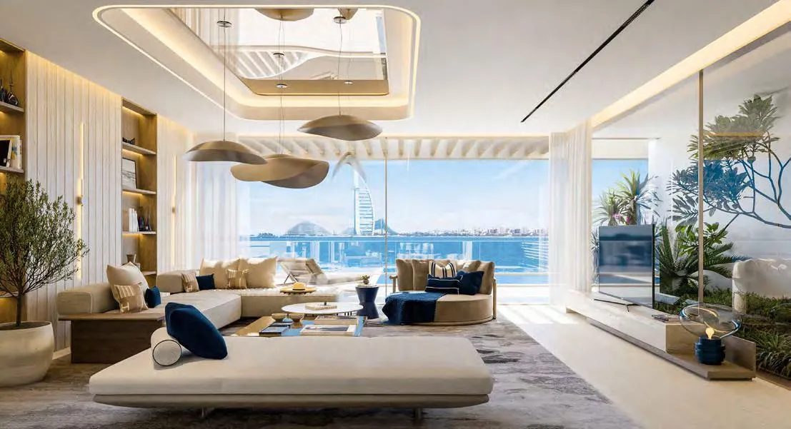A corner living room, seating grouped away from the glass