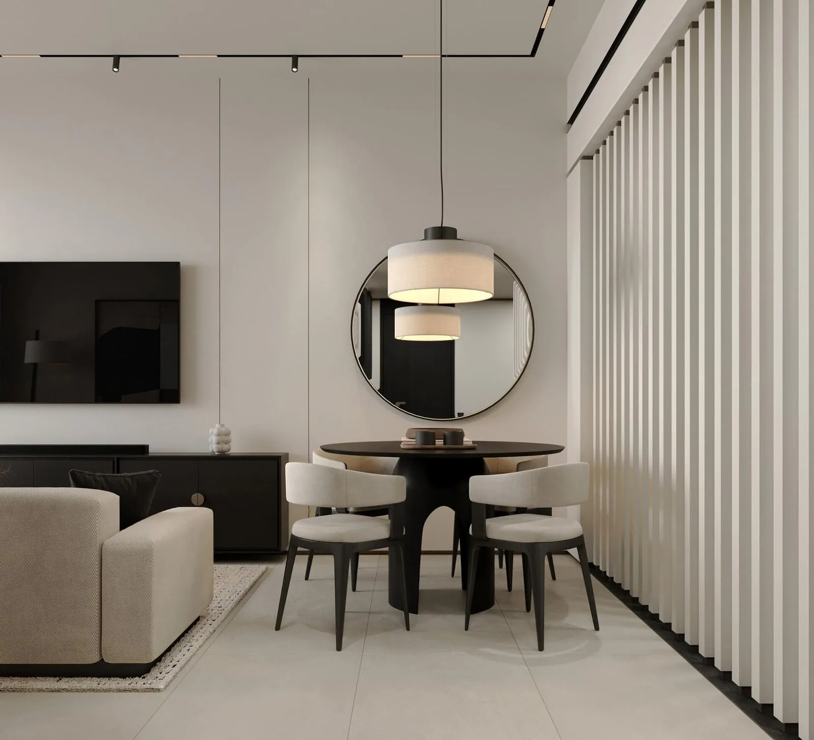 A bright living and dining room with a round pendant mirror and a slatted timber screen