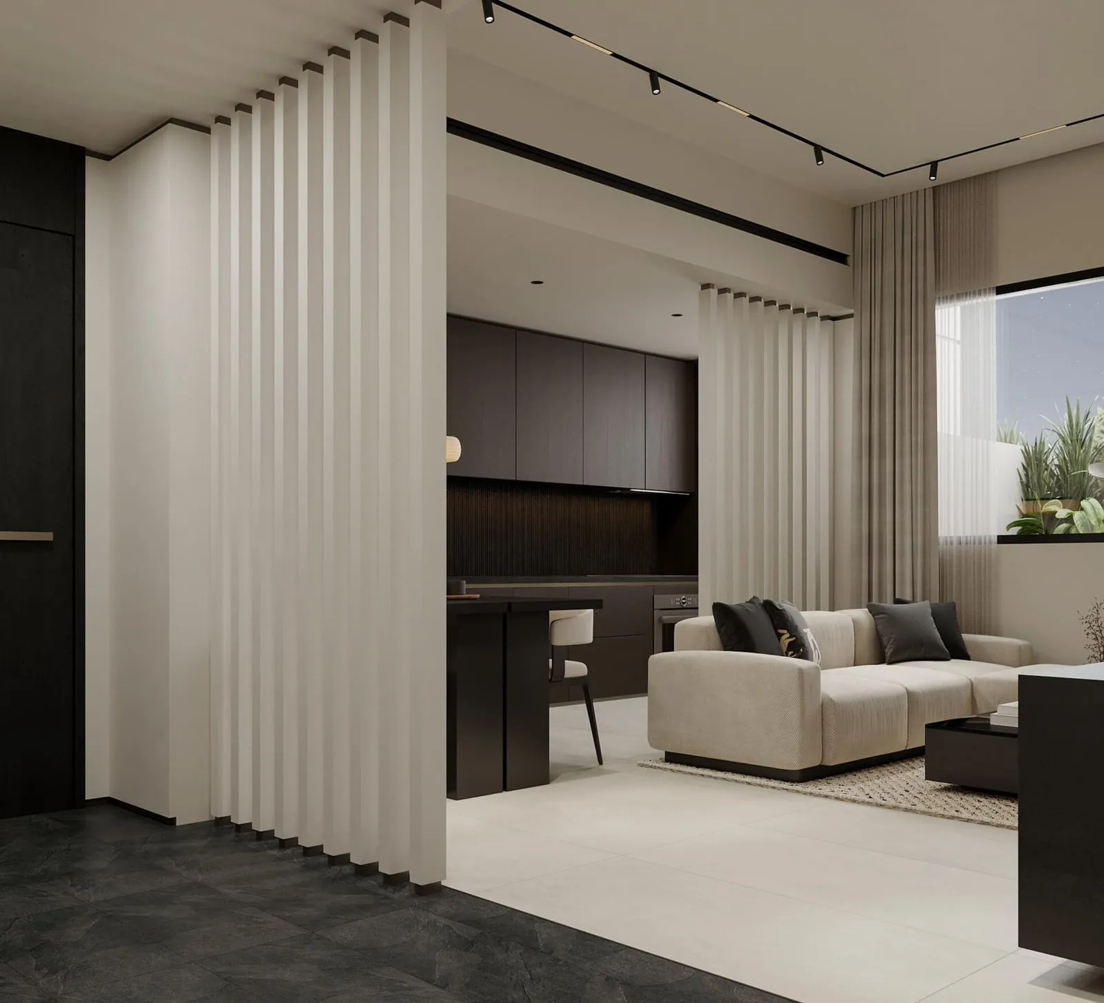 The living and dining area seen through a slatted partition, with the kitchen beyond