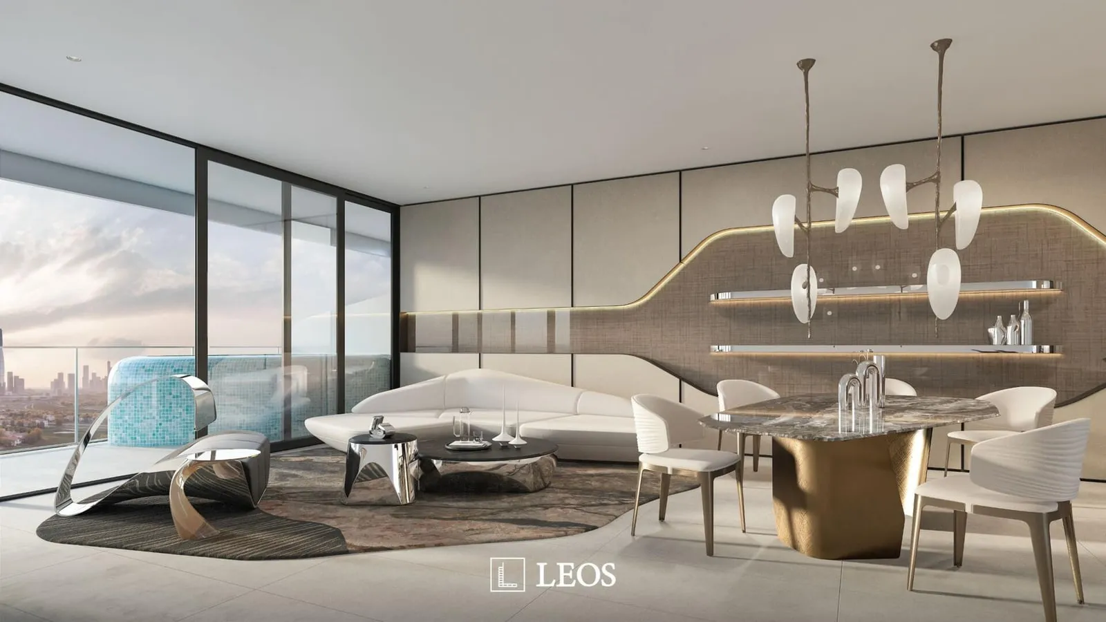 An open living and dining room, a cluster of pendant shades over the table and glazing running along one wall