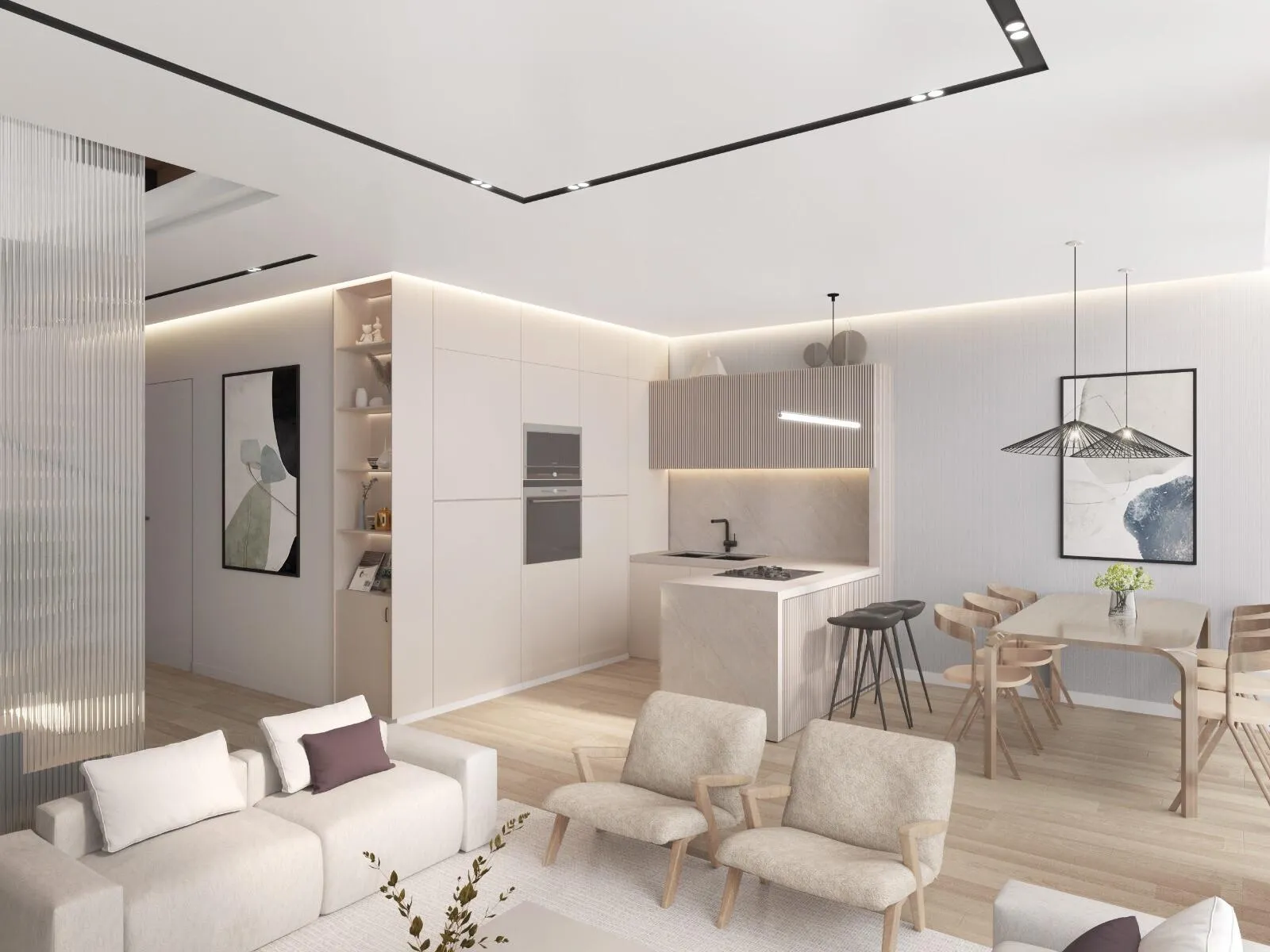 A Taormina Village living and dining room with built-in shelving beside the kitchen island