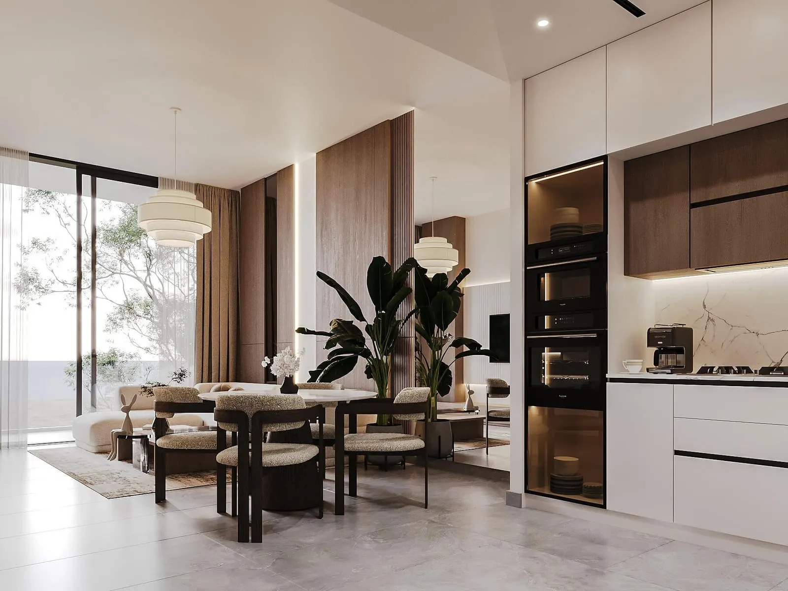 Living and dining seen as one room, planting between the two seating groups