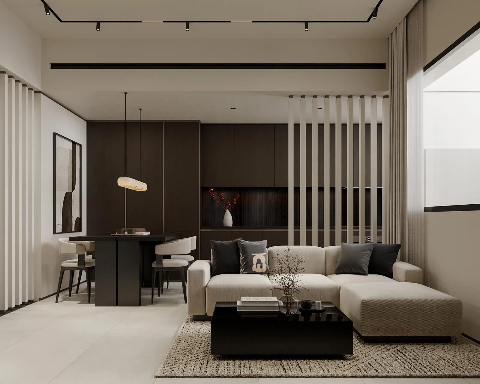 A living and dining room divided by a dark timber screen, with track lighting overhead