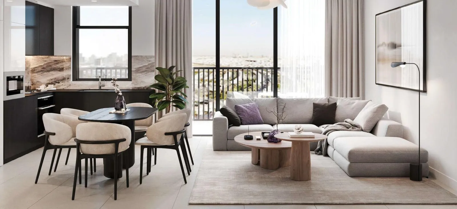 An open living and dining room, the table set beside the balcony glazing