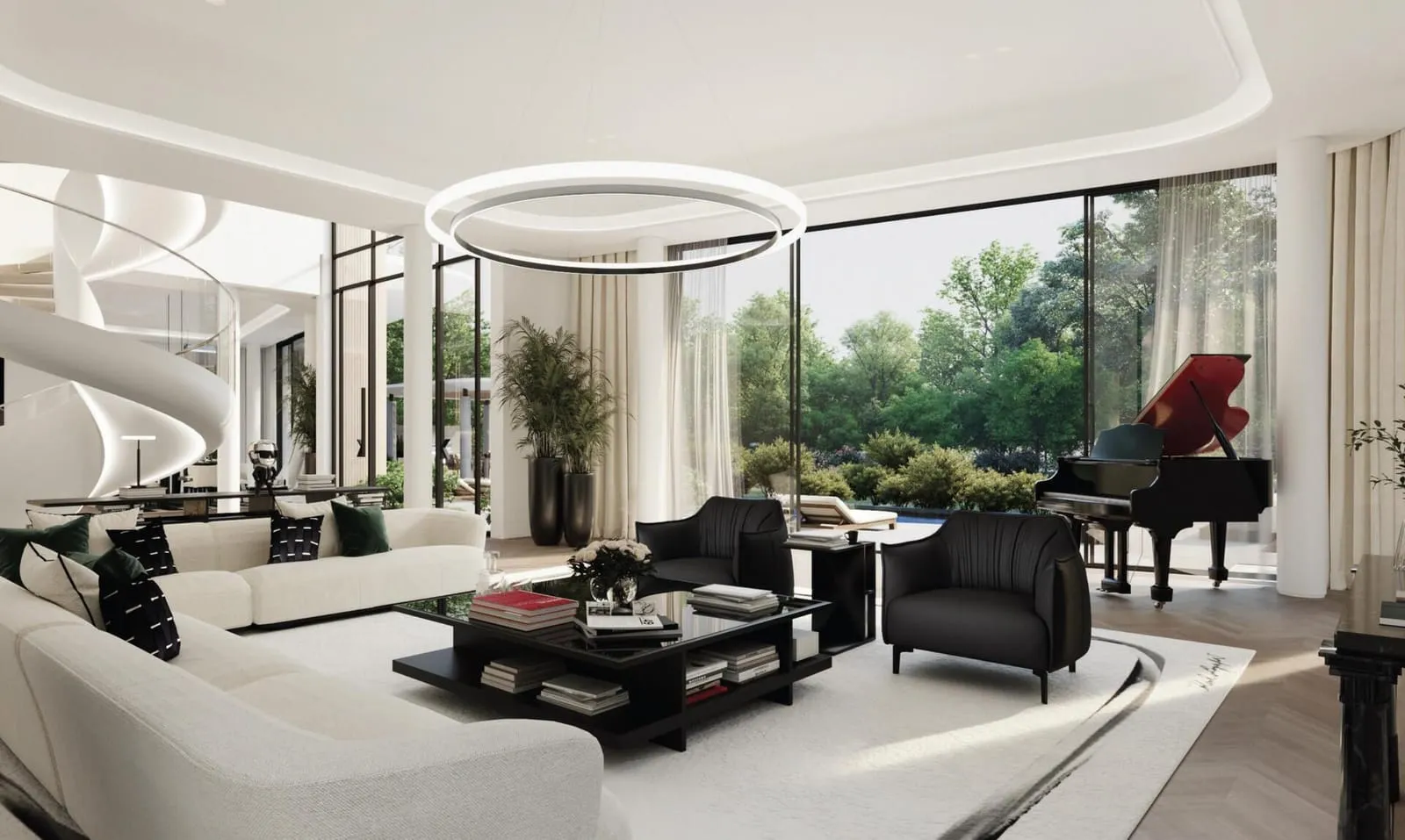 A grand piano in a Karl Lagerfeld living room, a curved staircase rising behind it