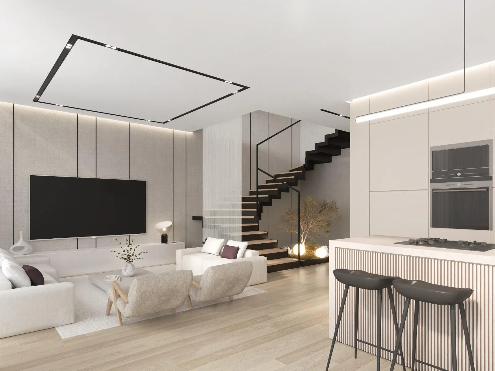 An open-plan Taormina Village living room and kitchen with a staircase rising behind the sofa