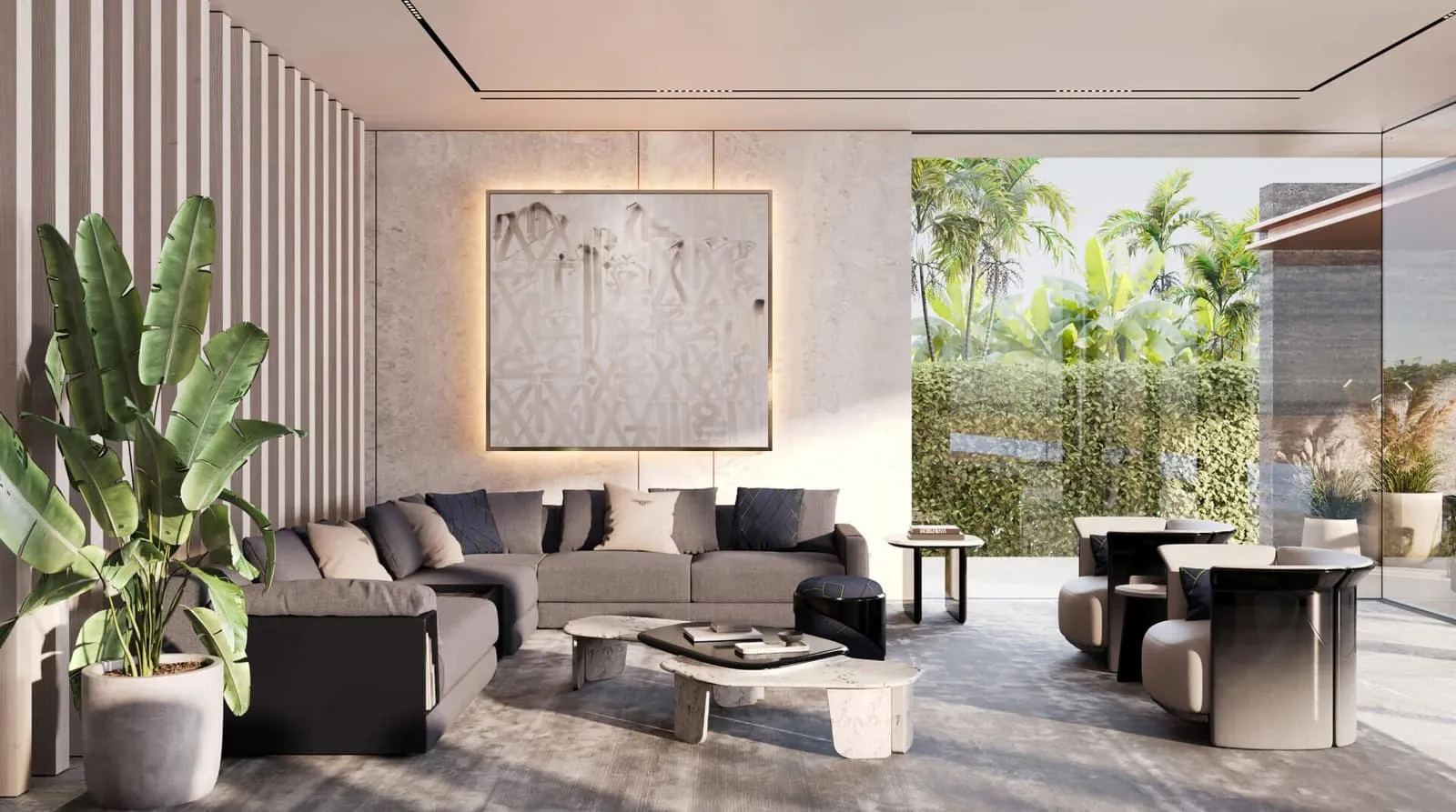 A Bentley Home living room with a large artwork above the sofa and planting at the window
