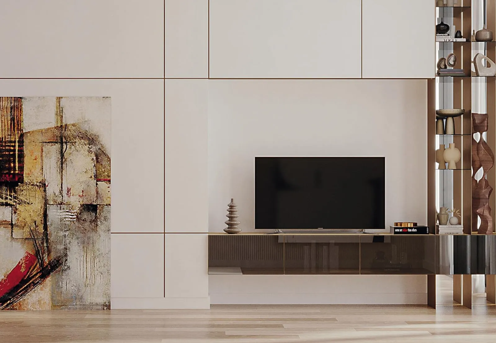 A media wall with the screen set into timber panelling, a mirrored panel and a tall open shelf beside it