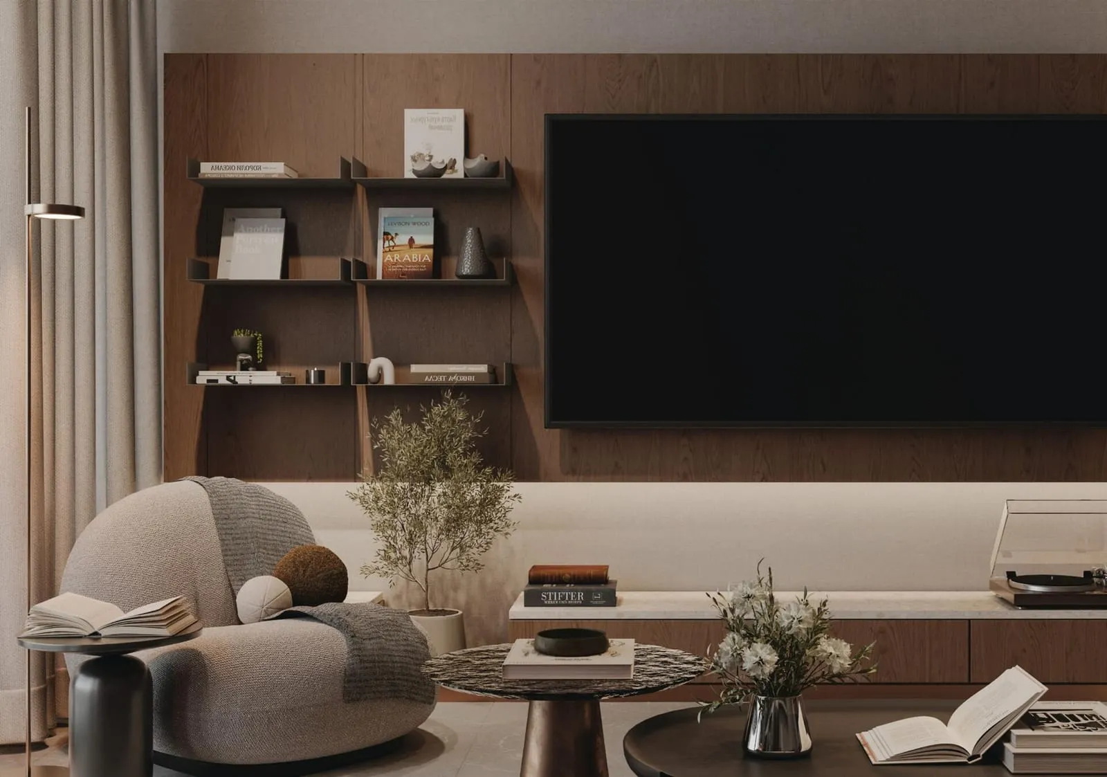 A living room with a screen set into a timber wall, open shelves beside it and a record player on the sideboard