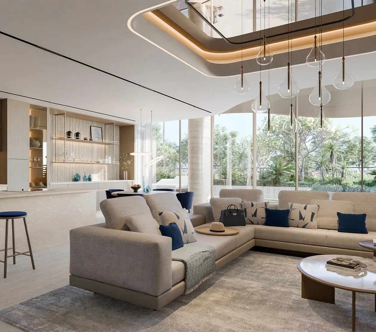 An open living floor with a breakfast bar, columns framing the view