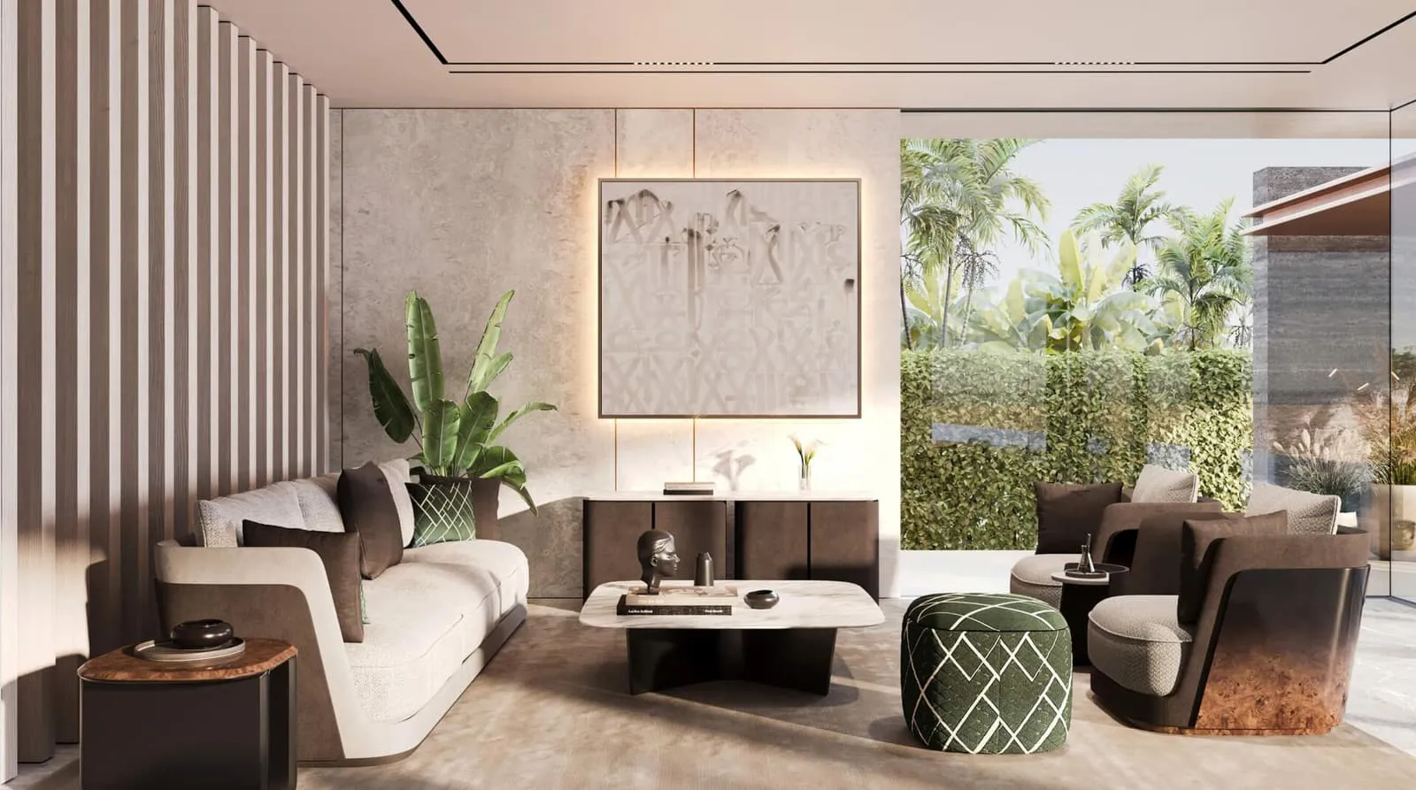 A Bentley Home living room framed by planters, artwork on the panelled wall