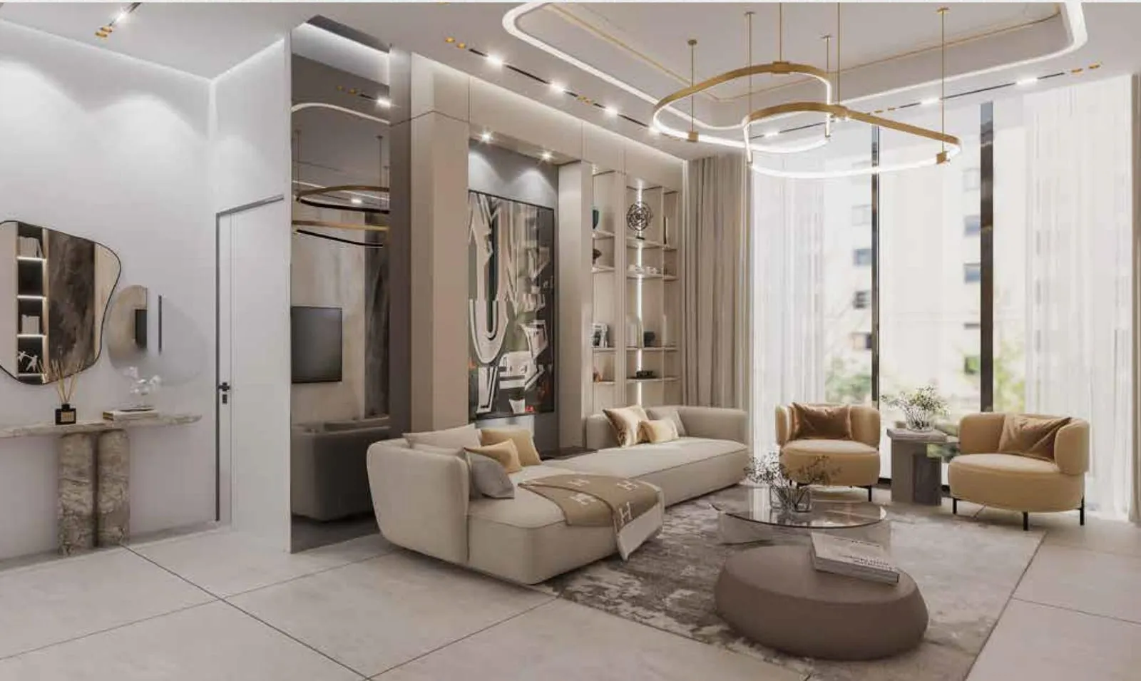 A living room with a sofa and two armchairs beneath ring pendant lights, a glazed dressing area behind