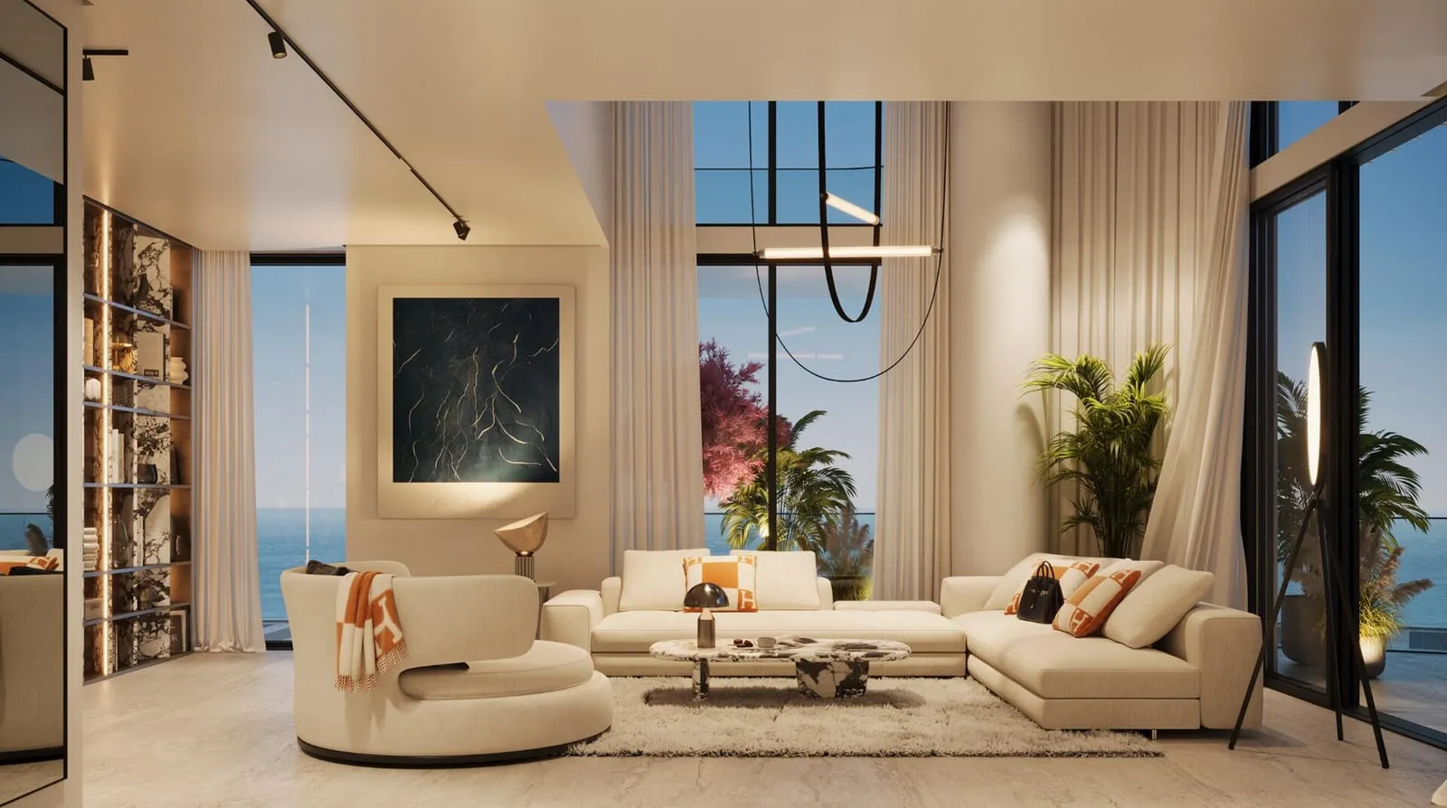 A living room in cream tones, a large framed artwork behind the sofas and plants at the corner windows