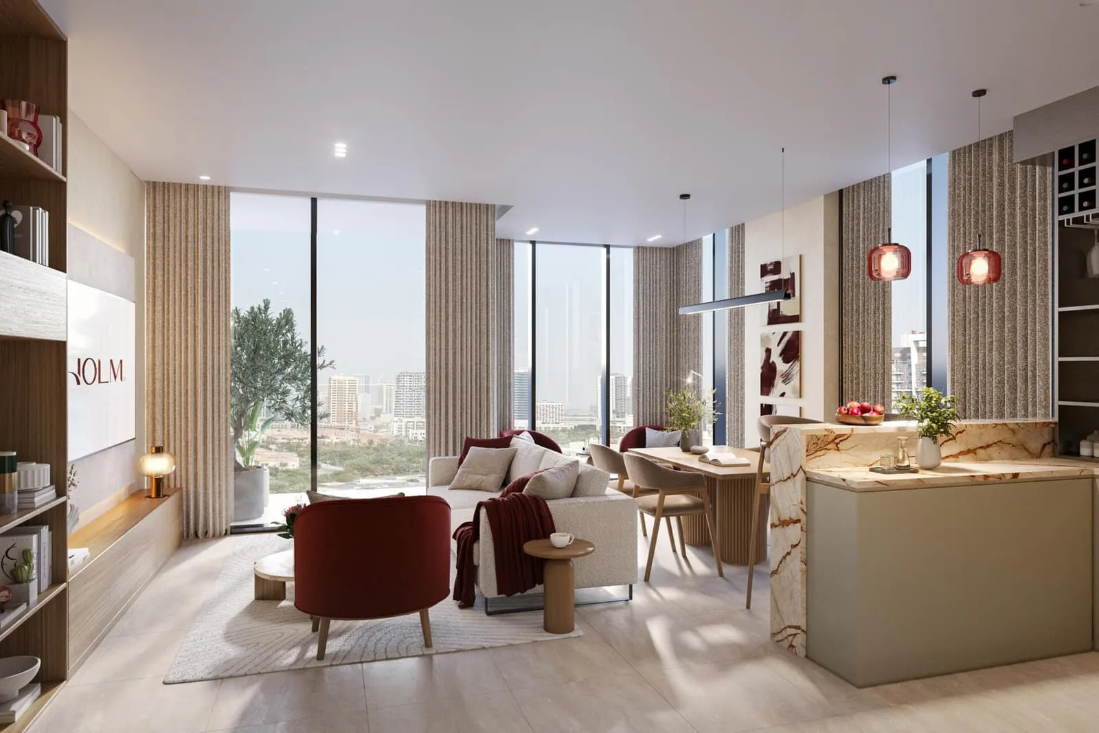 A living room with built-in bookshelves and a wide window looking over the city