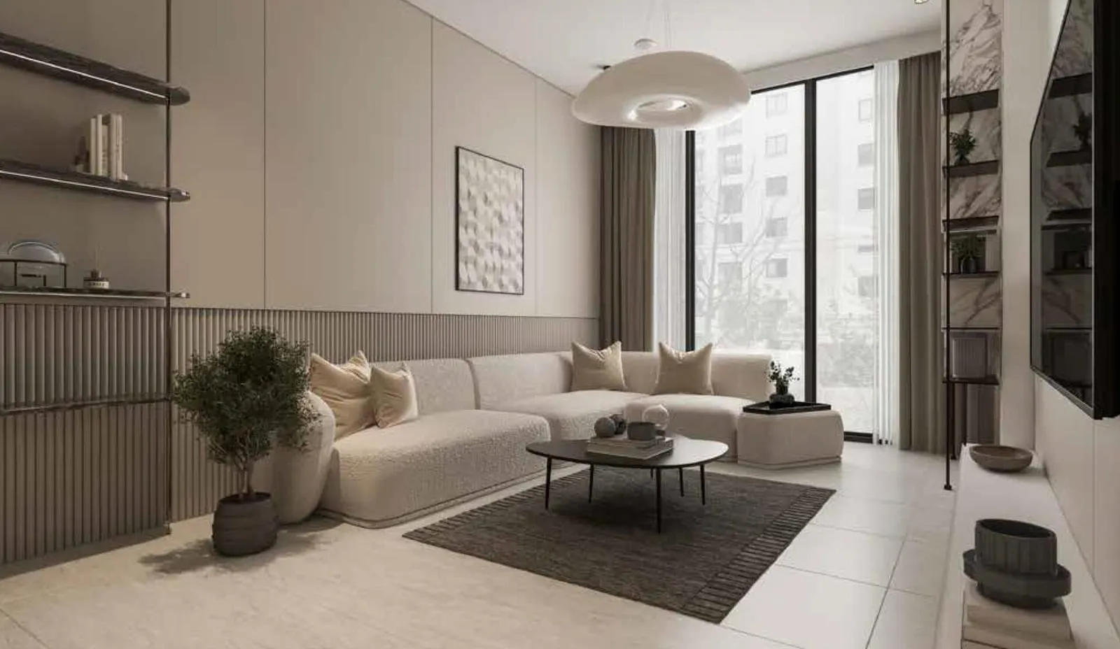 A living room with a low sofa and coffee table set against a floor-to-ceiling window looking onto the neighbourhood