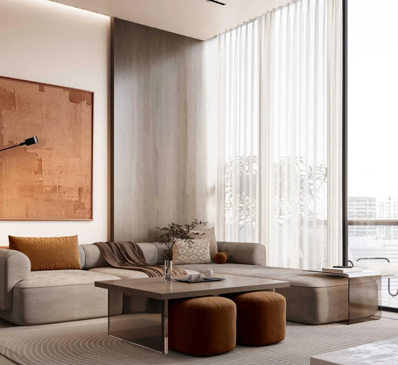 A living room with a corner sofa and round poufs in front of a full-height curtained window wall