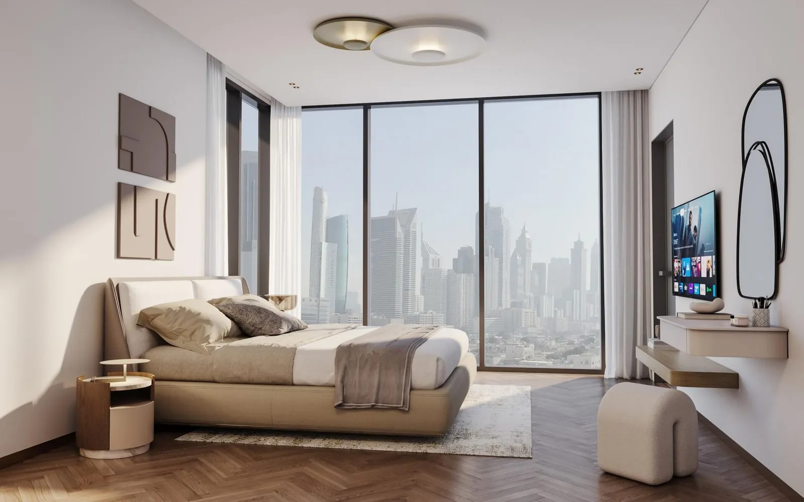 A living room along a full height glazed wall, a curved sofa facing the city and a tall mirror beside it