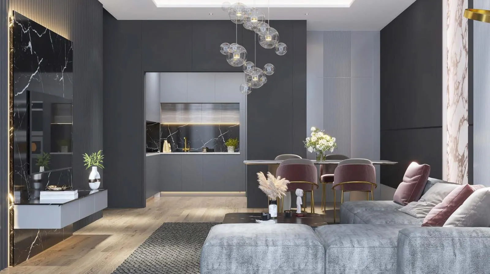 Living room styled in grey tones with a sculptural chandelier