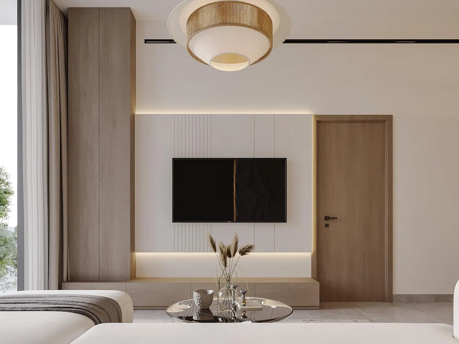 A living room facing a wall-mounted screen set into a panelled timber wall