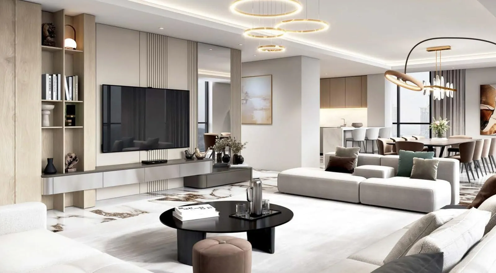 Living room with a built-in media wall and open shelving