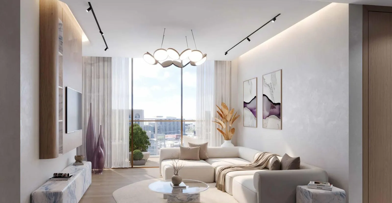 A living room under a petal-shaped ceiling light, a curved sofa and a corner window open to the water