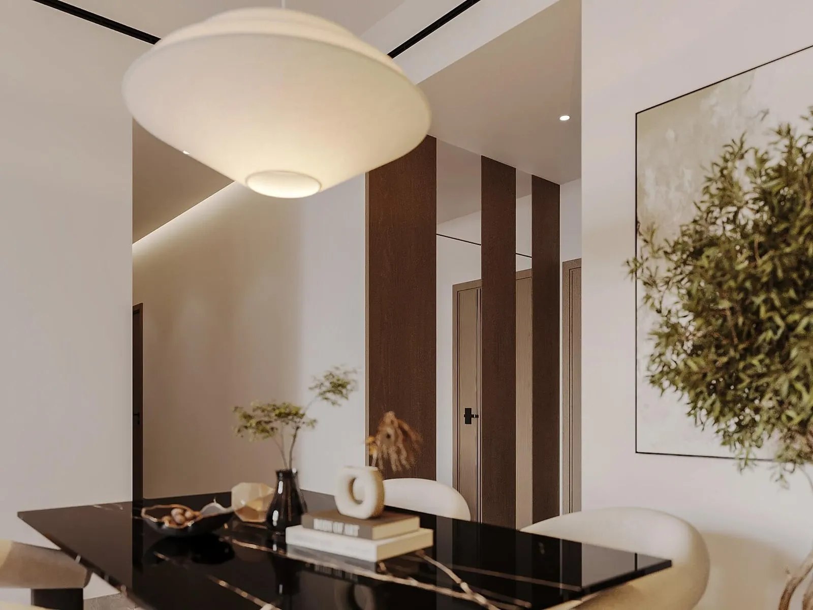 A living room with a tall indoor tree beside the window and a pale sectional facing it