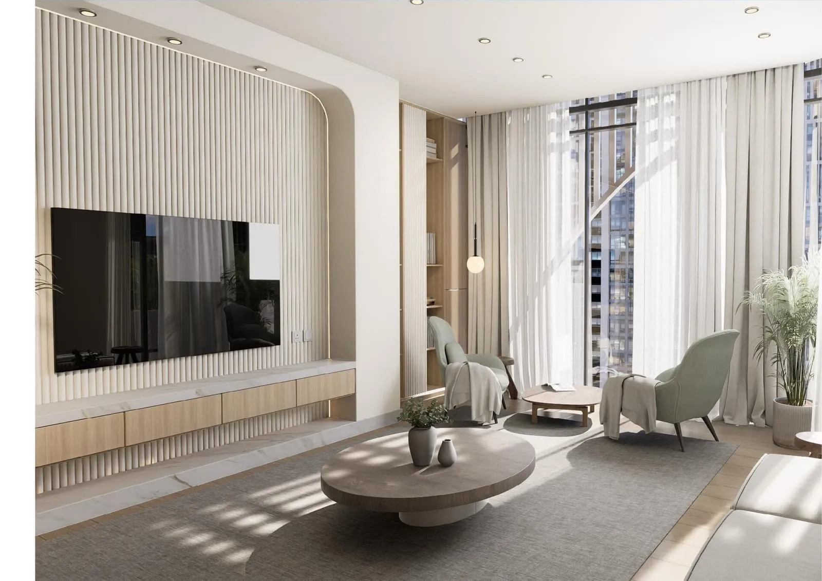 A living room with a fluted wood accent wall framing the television and sheer curtains filtering afternoon light