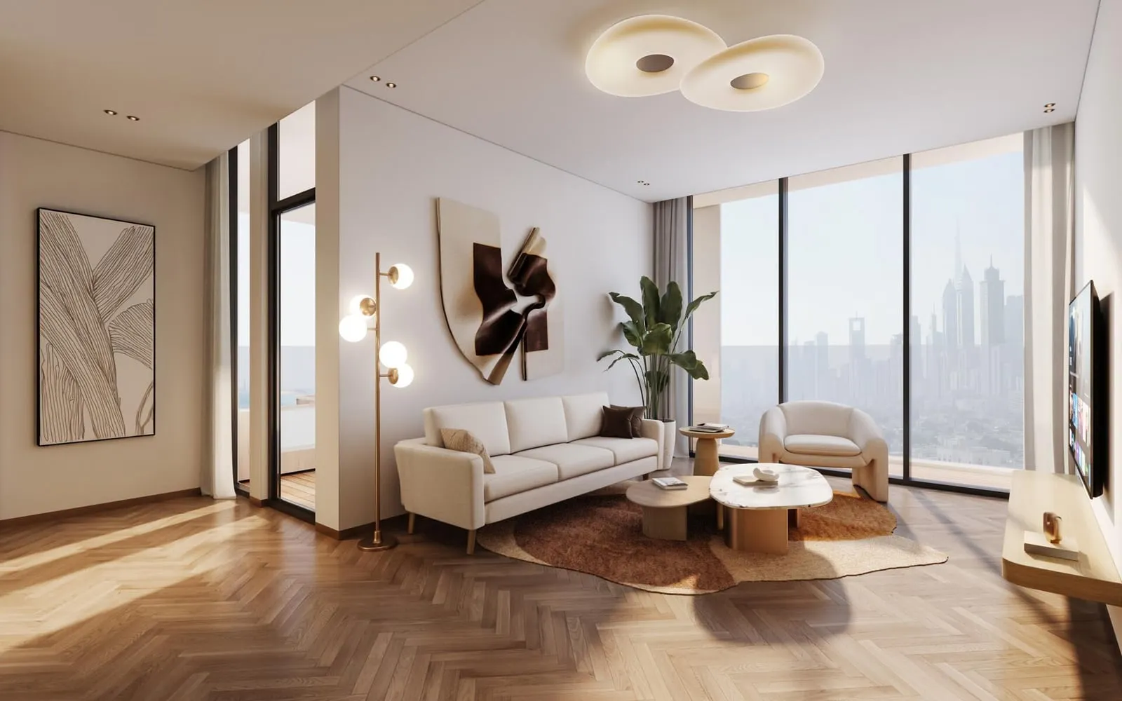 A living room over a timber floor, a pale sofa and two round chairs under paired ceiling discs