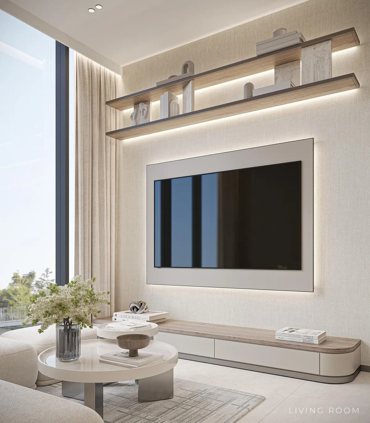 Living room with television wall finishing example at Linea by Holm.