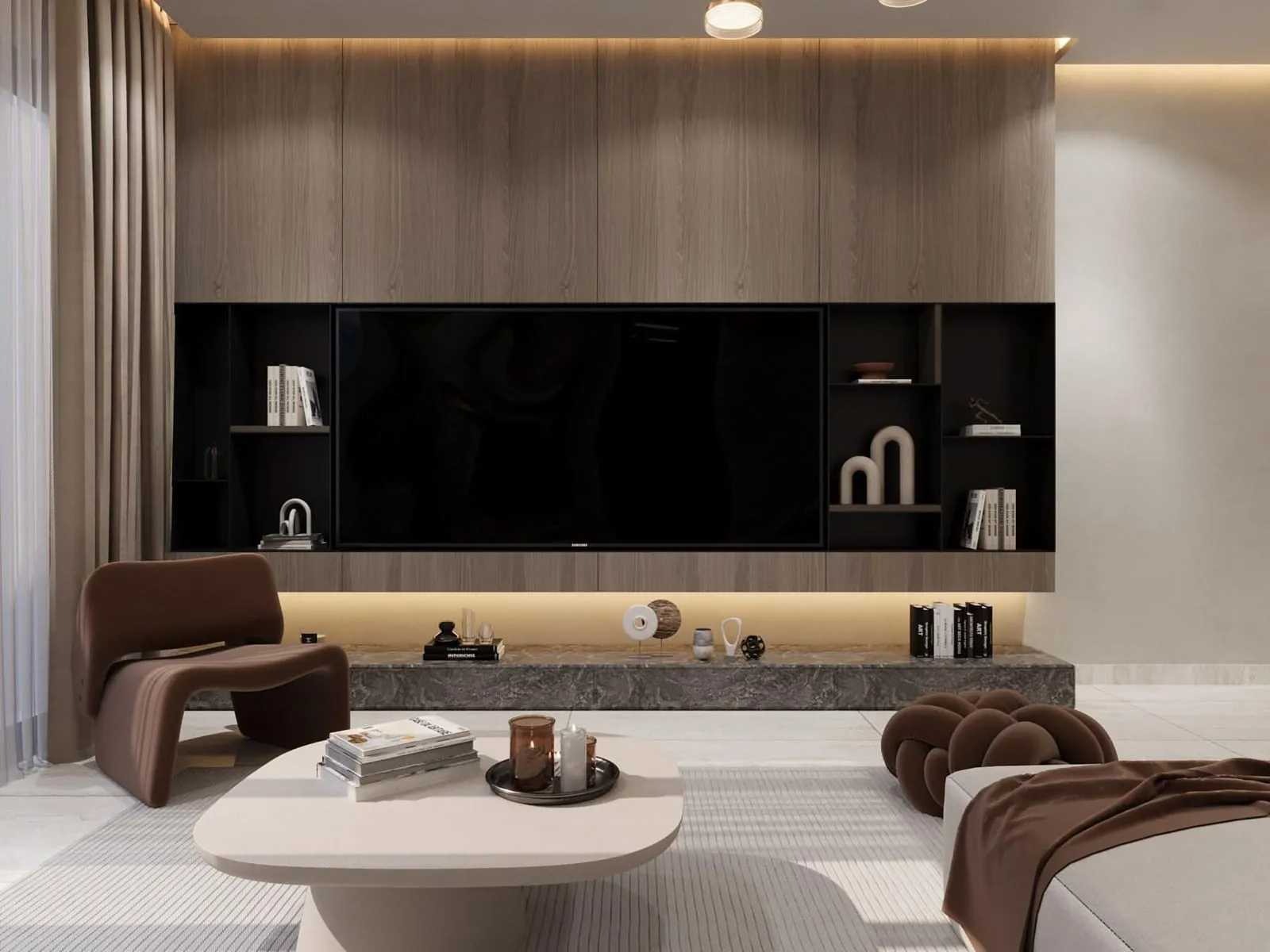 Living room with a sleek dark wood media wall and neutral-toned seating