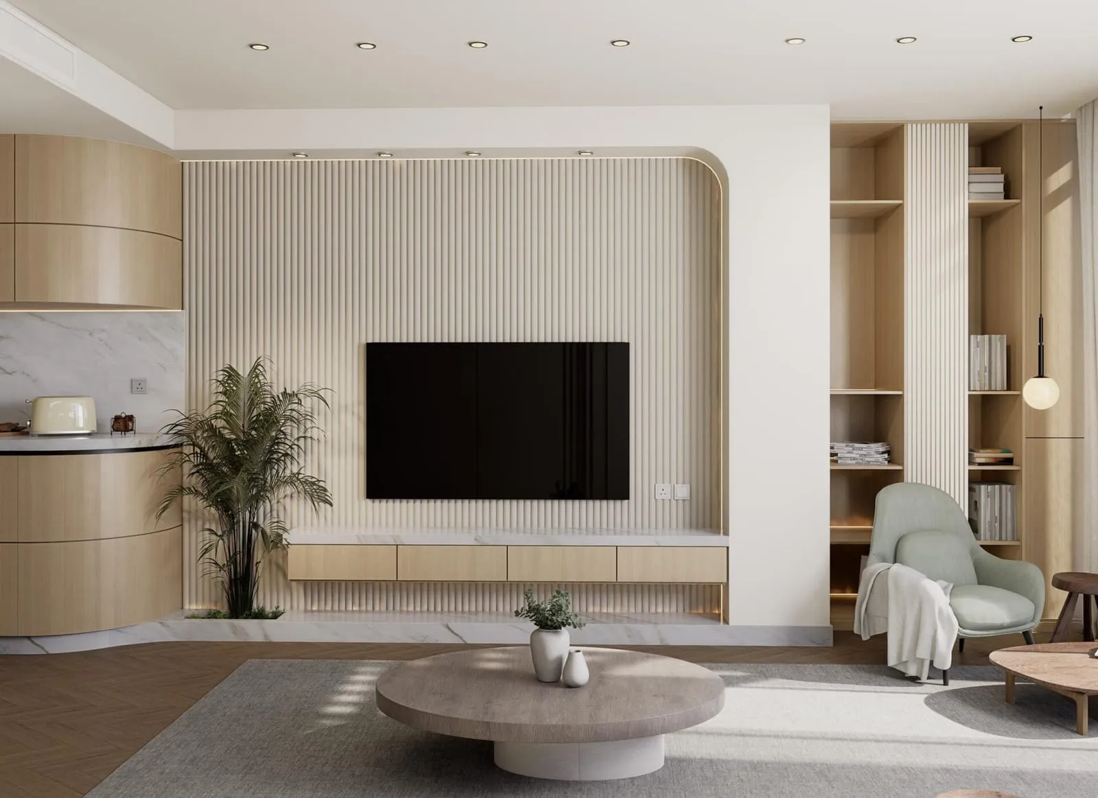 A warm, wood-toned living room with built-in shelving and a wall-mounted television unit