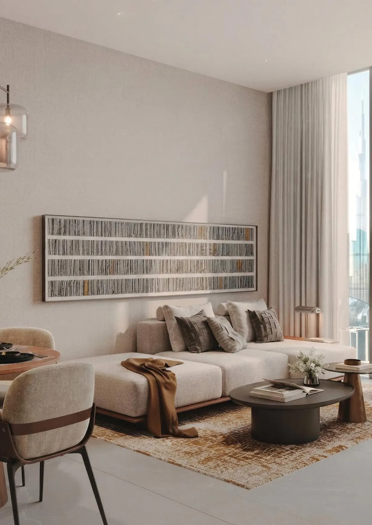 A living room with a long framed work above the sofa and sheer curtains drawn back from the glass